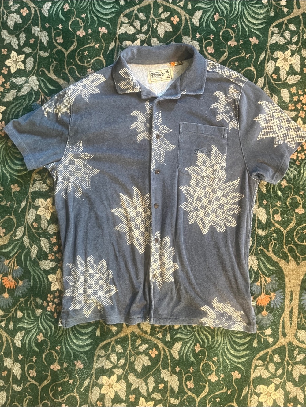 Howler Brothers Navy and White Terry Cloth Camp Shirt with Geometric Print
